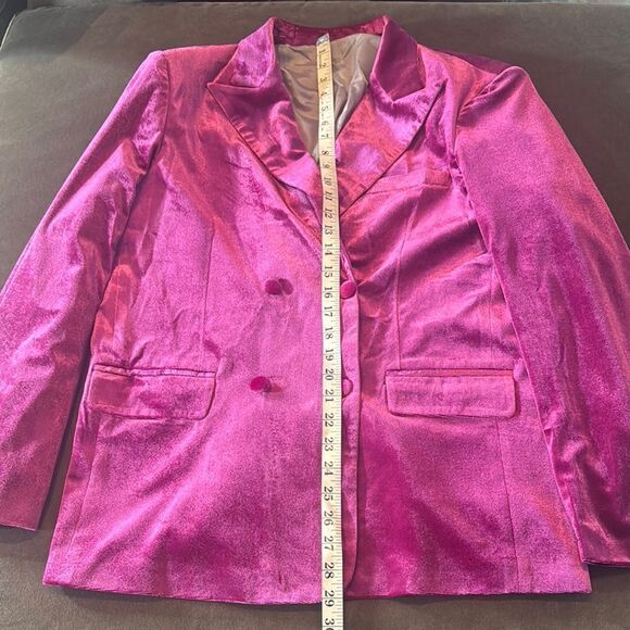 Women’s Pink Double Breasted Velvet 2 Piece Pant Suit Peak Lapel Size L NWT - Picture 7 of 13